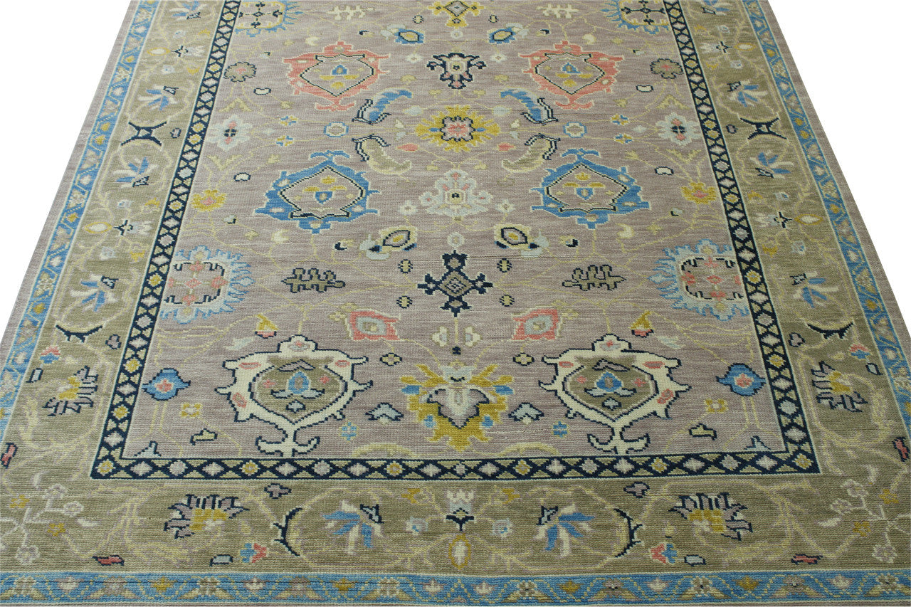 Blue & Pink Oushak Colorful Ziegler rug in room setting