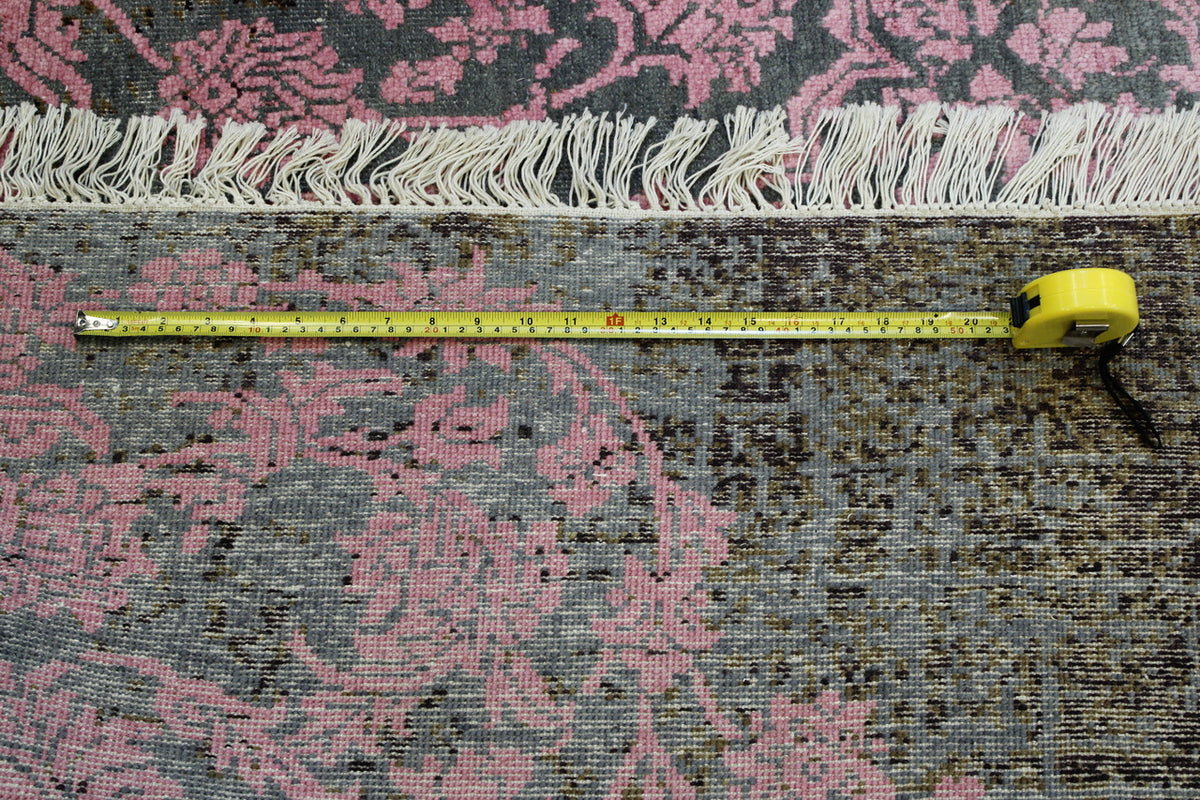 Transitional Broken Design hand-knotted wool-silk rug in Gray & Pink, full view