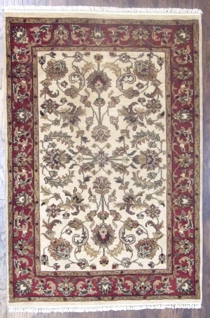 Jaipur Kashan hand-knotted wool rug in beige and red, full view