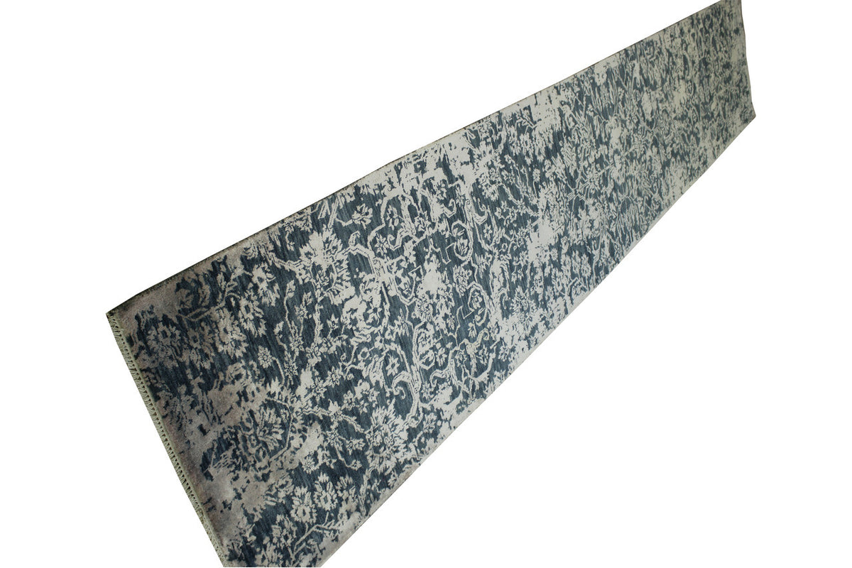 Modern / Contemporary hand-knotted wool/silk runner in Blue, 2'8" x 14'1", SKU w20164