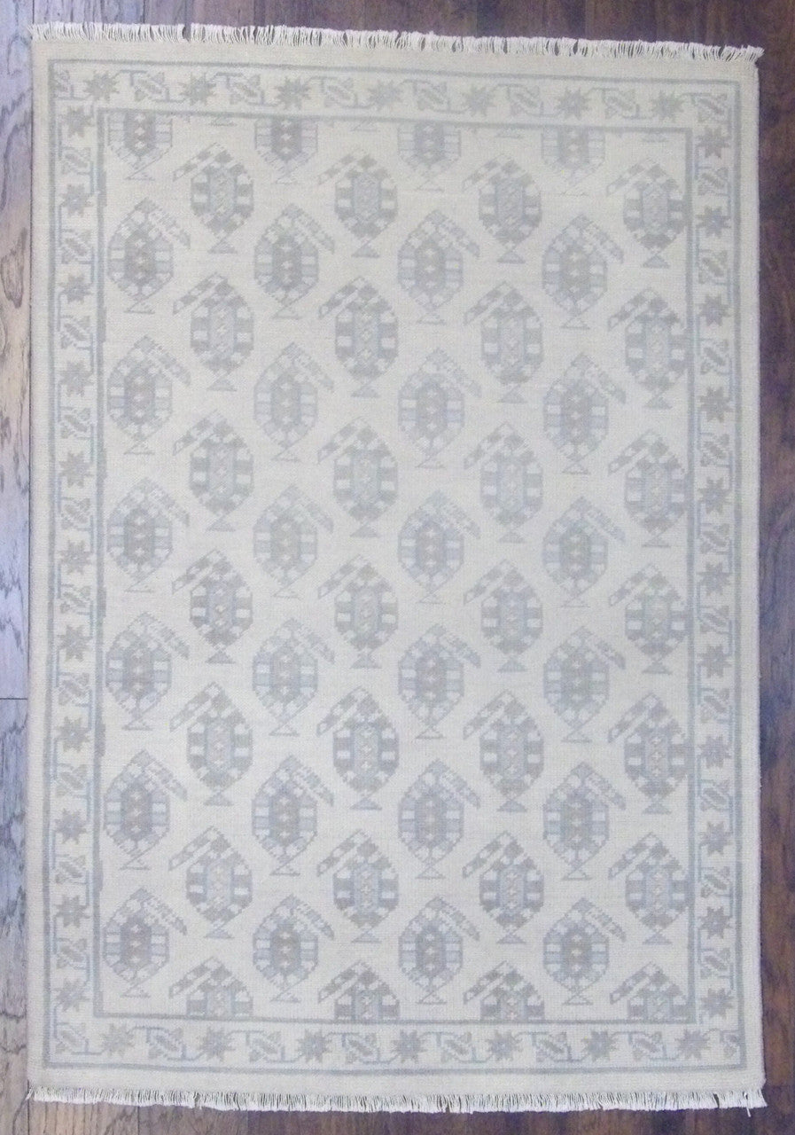 Tribal paisley Oushak hand-knotted wool rug in blue and beige, full view