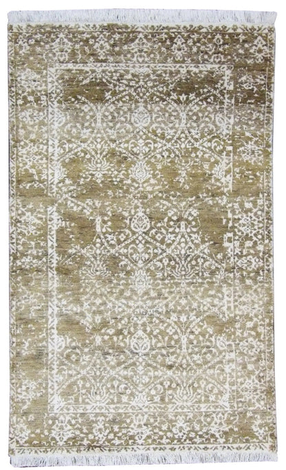 Transitional Broken hand-knotted wool rug in Green, full view