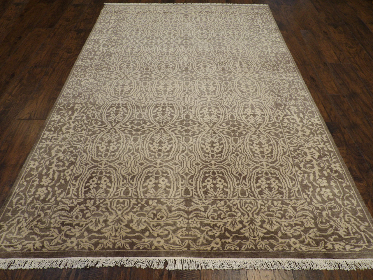 Close-up of wool pile texture on damask hand-knotted rug