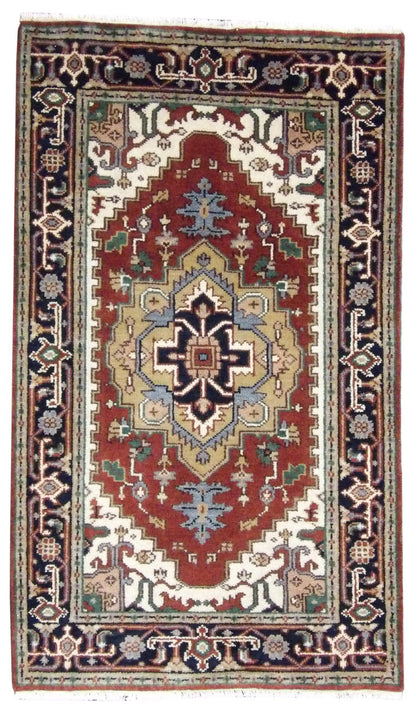 Heriz hand-knotted wool rug in Blue & Red, full view