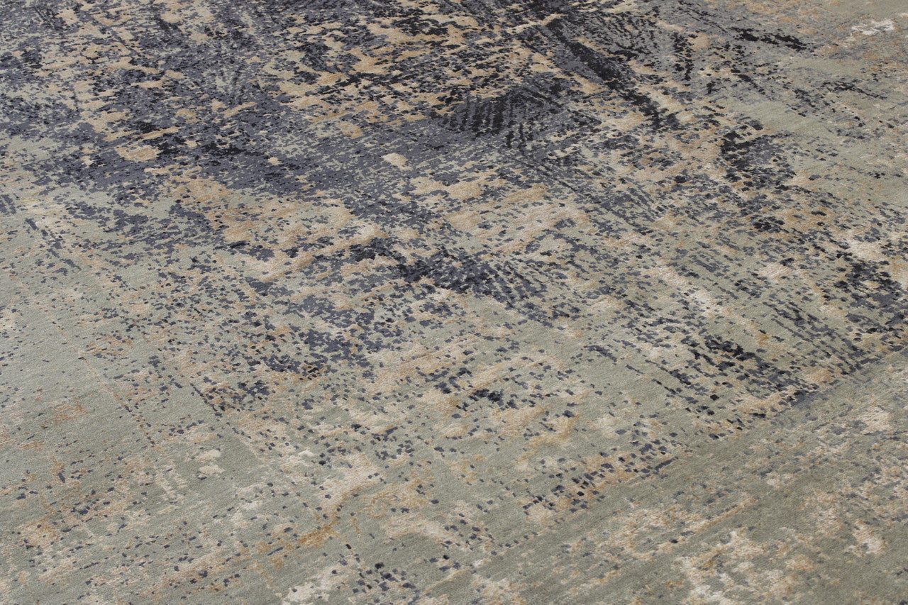Transitional Abstract Broken Design hand-knotted wool-silk rug in Blue & Pink, full view