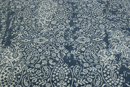 Close-up of wool-silk pile, Teal & White rug