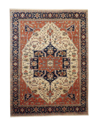 Tribal Heriz hand-knotted wool rug in Blue & Beige, full view
