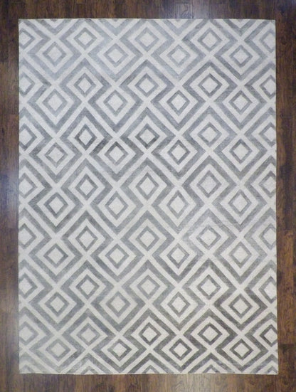 Modern abstract diamond hand-knotted wool rug in blue and gray, oversized, full view