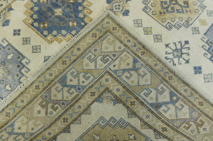Tribal Super Kazak hand-knotted wool rug in Blue & Beige, full view