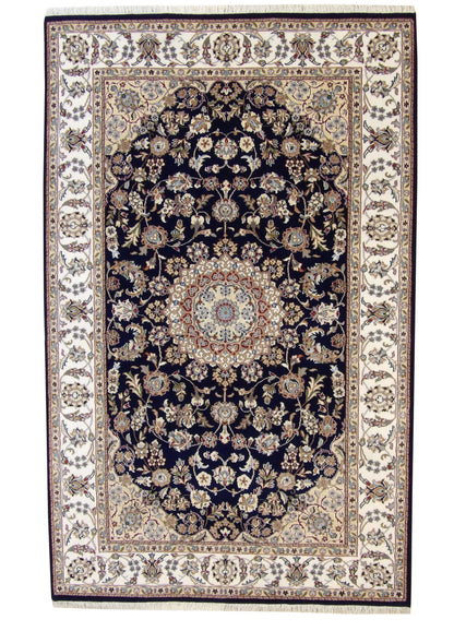 Traditional Fine Nain hand-knotted wool rug in Blue & Beige, full view