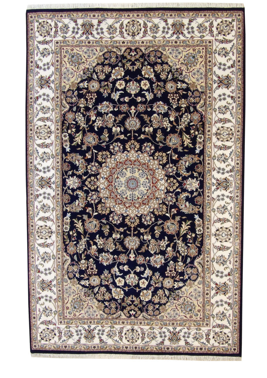 Traditional Fine Nain hand-knotted wool rug in Blue & Beige, full view