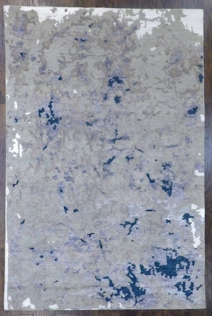 Modern Tibetan Abstract High Low hand-knotted wool-silk rug in Blue & Gray, full view