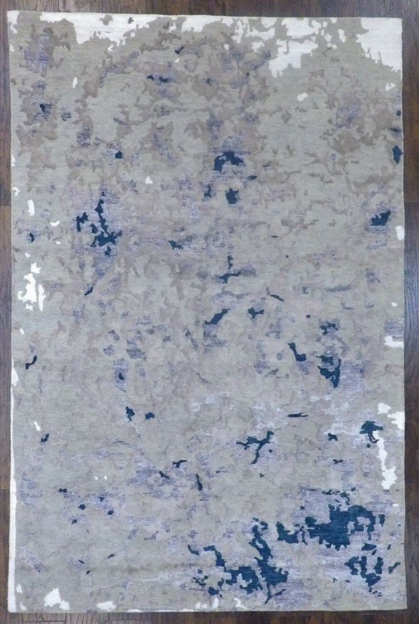 Modern Tibetan Abstract High Low hand-knotted wool-silk rug in Blue & Gray, full view