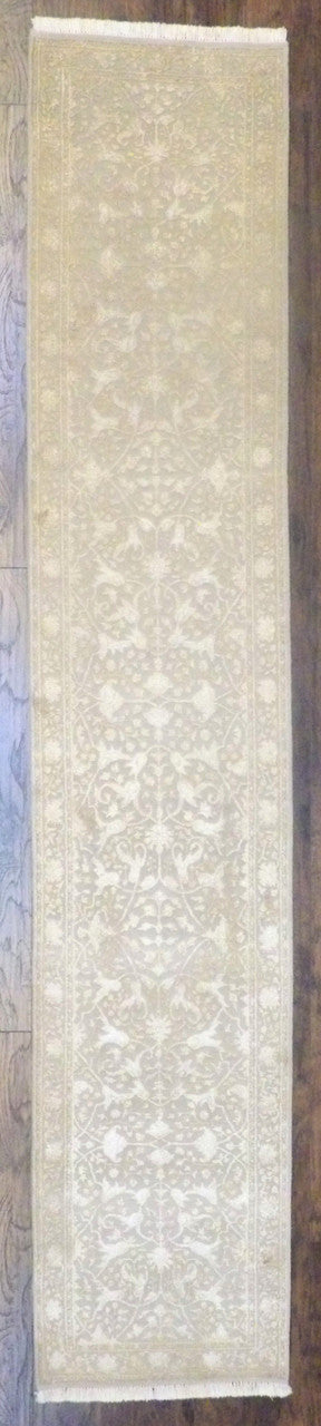 Persian Kashan Carved hand-knotted wool-silk rug in Beige, full view