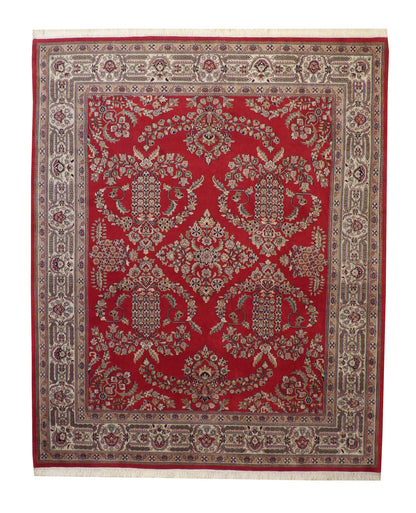 Traditional Sharokh Design hand-knotted wool rug in Brown & Red, full view