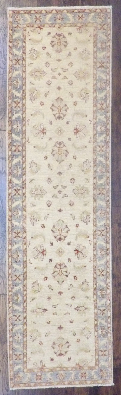 Oushak Chobi Natural Dye hand-knotted wool rug in Blue & Beige, full view