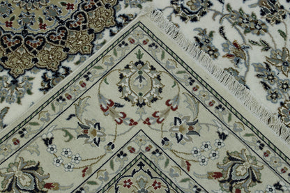 Traditional Fine Nain hand-knotted wool-silk rug in Beige, full view