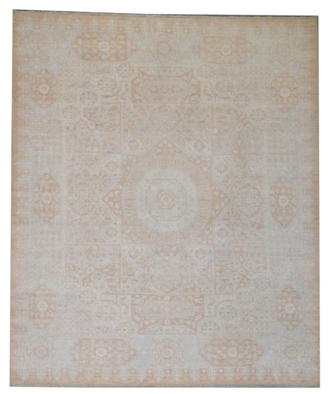 Oushak Mamluk hand-knotted wool rug in beige and rust, full view