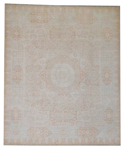 Oushak Mamluk hand-knotted wool rug in beige and rust, full view