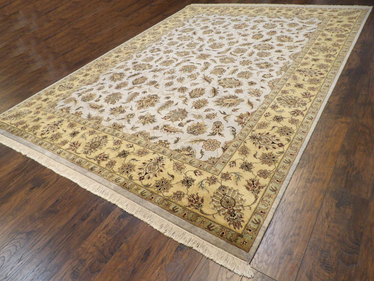 Kashan medallion pattern detail, blue and gold tie-dye rug
