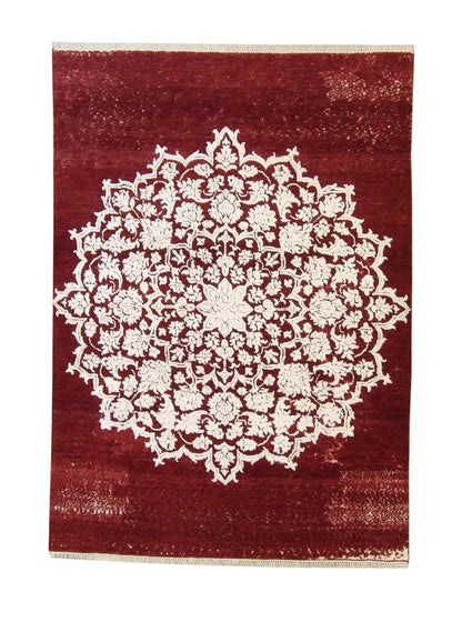Modern Vintage Star Design hand-knotted wool-silk rug in Red & White, full view