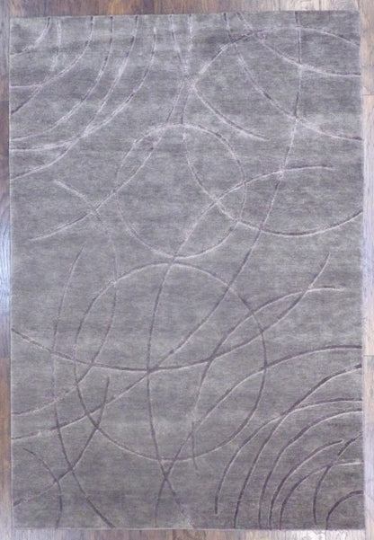 Modern Tibetan abstract high-low hand-knotted wool-silk rug in gray and purple, full view