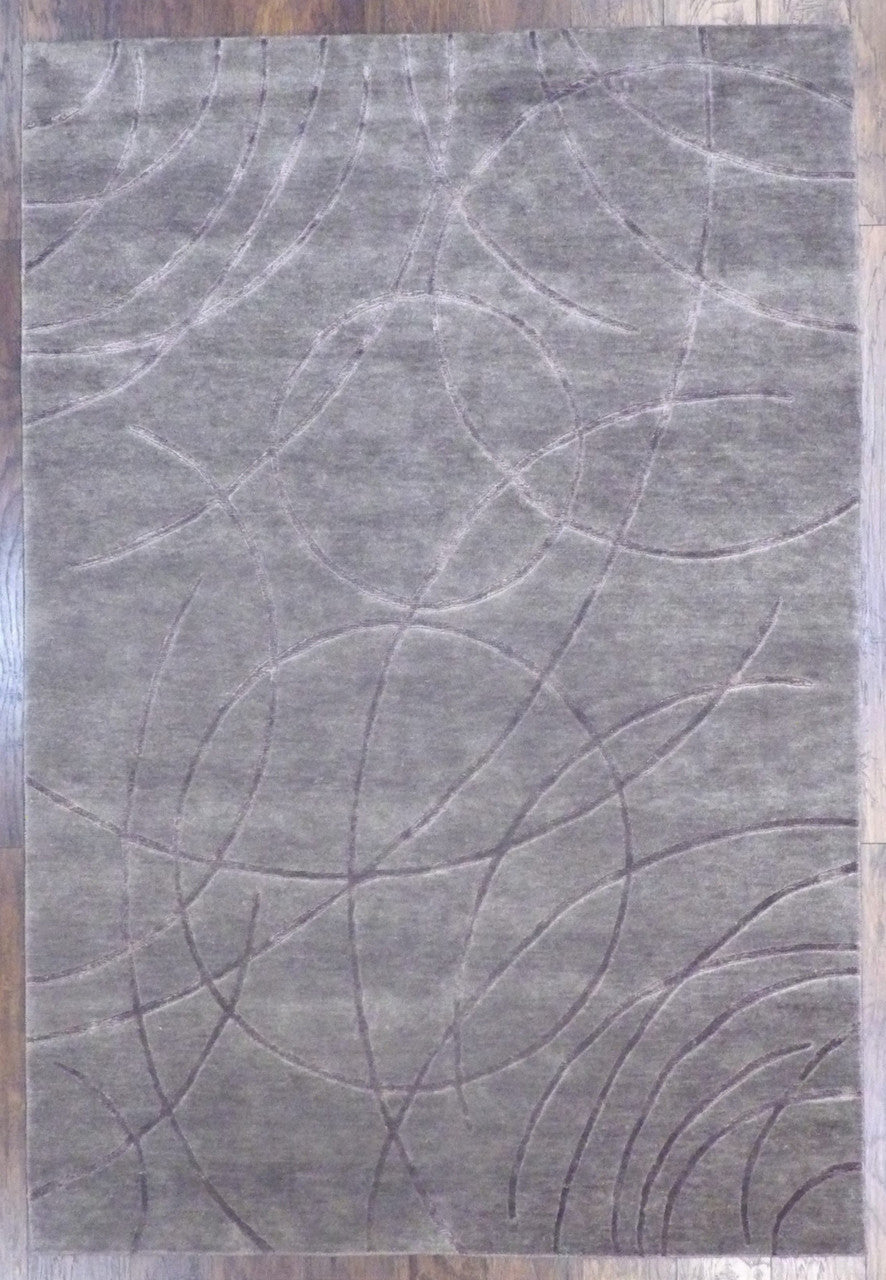 Modern Tibetan abstract high-low hand-knotted wool-silk rug in gray and purple, full view