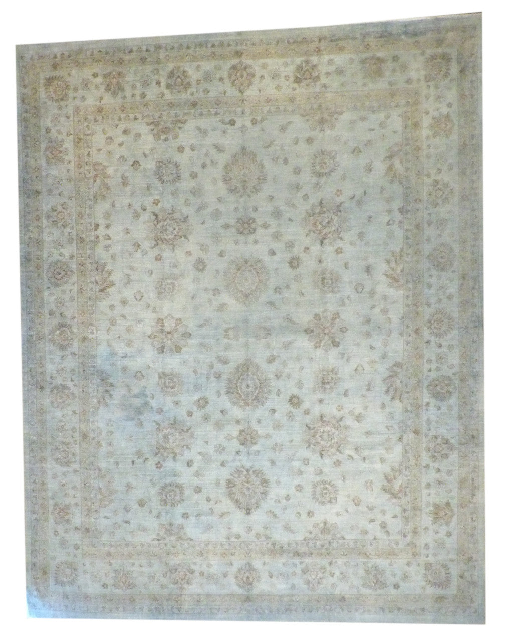 Overdye Chobi hand-knotted wool rug in gray and teal, palatial size, full view