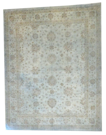 Overdye Chobi hand-knotted wool rug in gray and teal, palatial size, full view
