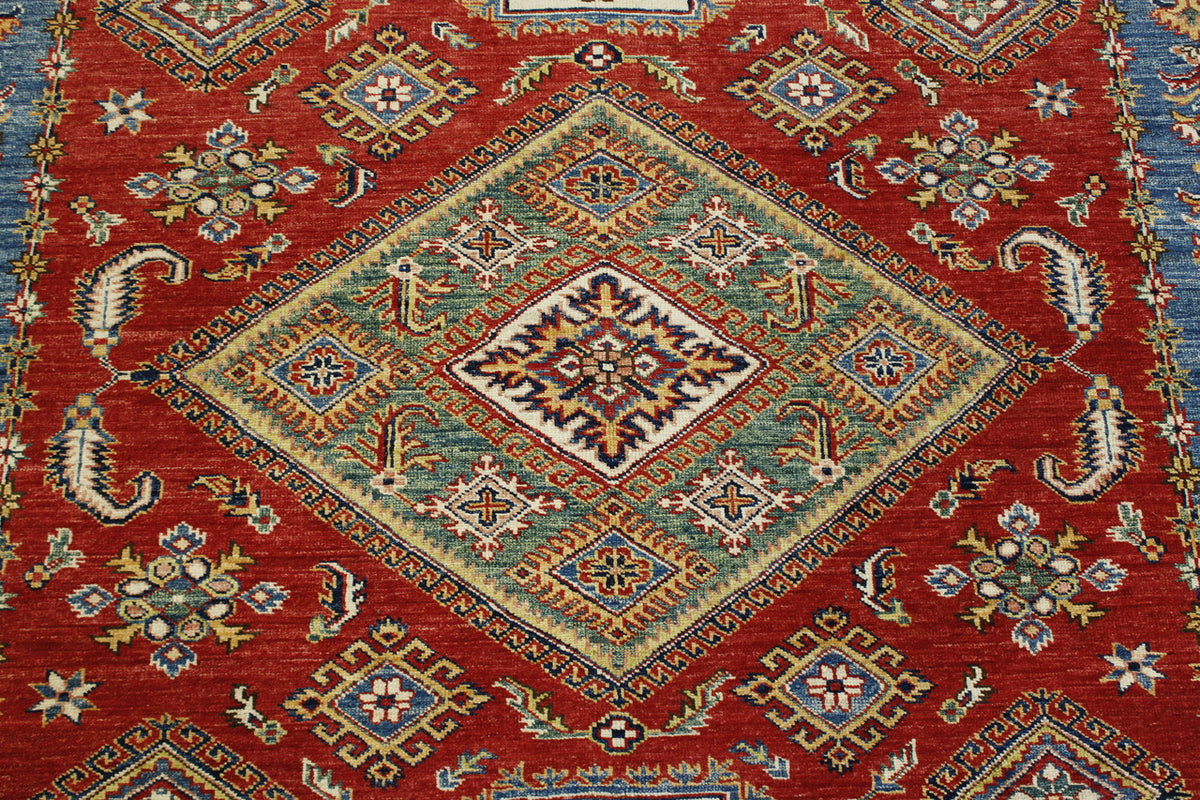 Tribal Super Kazak rug corner detail