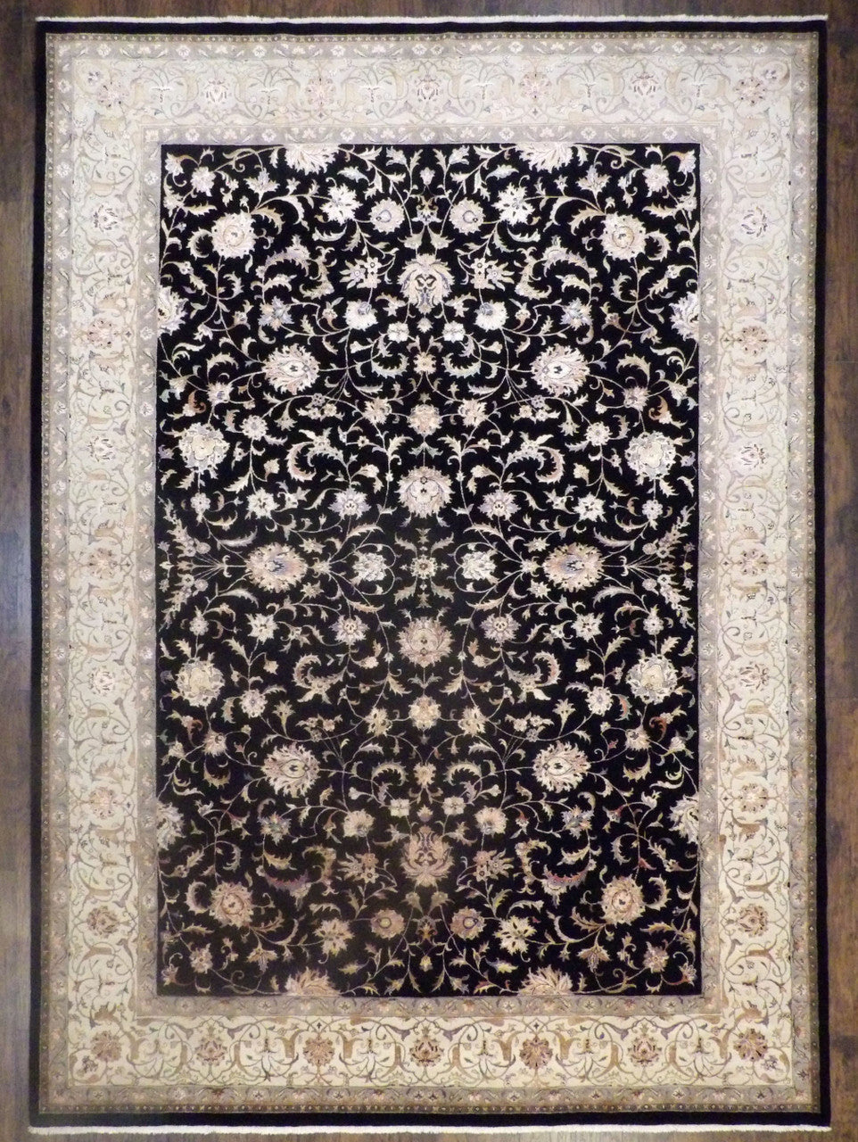 Fine Persian Kashan hand-knotted wool rug in Black, full view