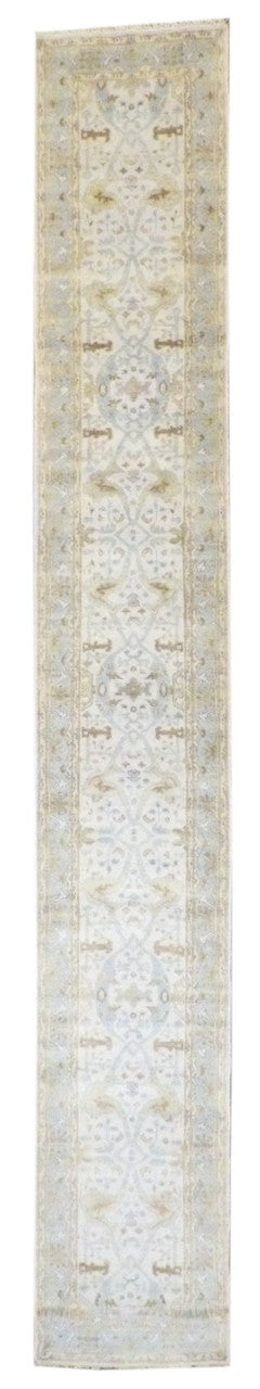 Turkish Oushak hand-knotted wool runner in blue and beige, extra long, full view