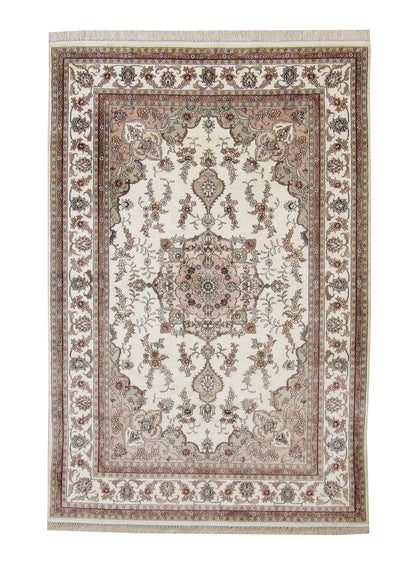 Traditional Sino Chinese Tabriz hand-knotted silk rug in Beige, full view