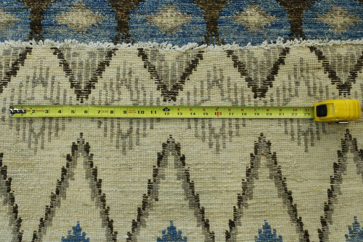 Oushak Ikat Chobi hand-knotted wool rug in Blue, Beige & Brown, full view