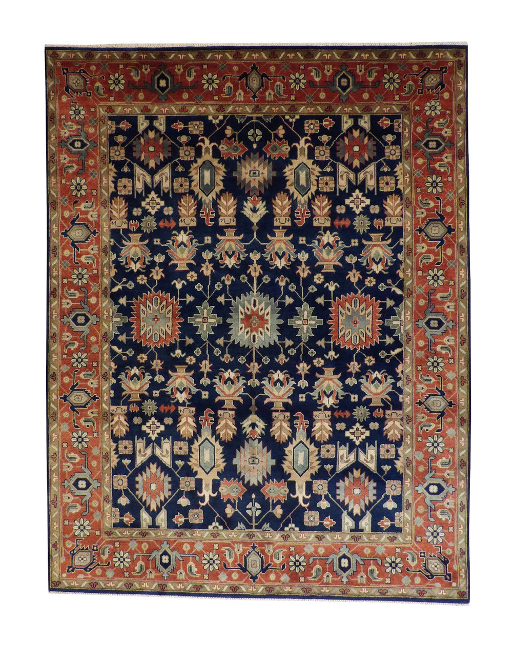 Tribal Heriz hand-knotted wool rug in Blue & Rust, full view