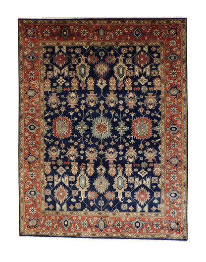 Tribal Heriz hand-knotted wool rug in Blue & Rust, full view