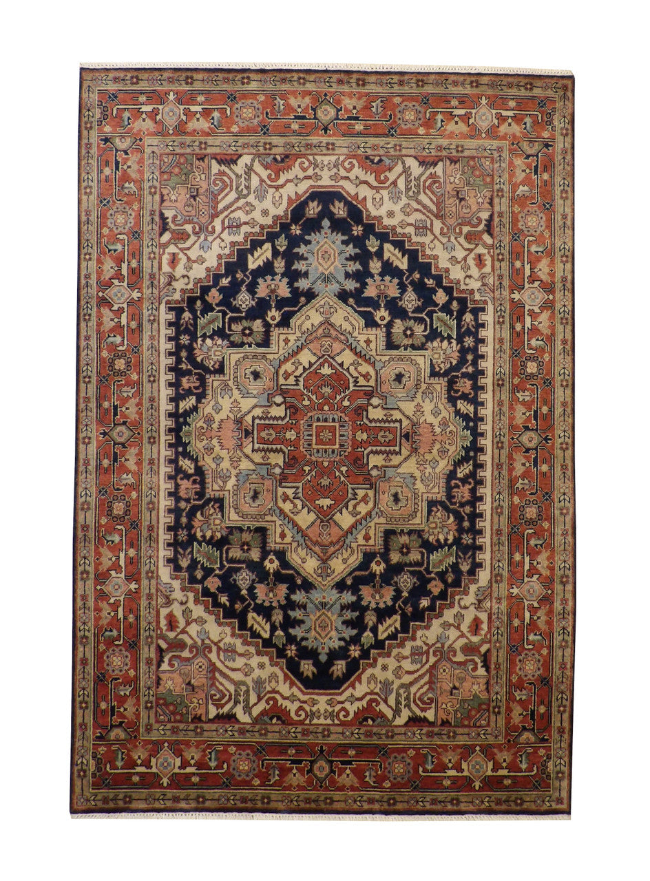 Traditional Antique Sherapi hand-knotted wool rug in Blue & Rust, full view