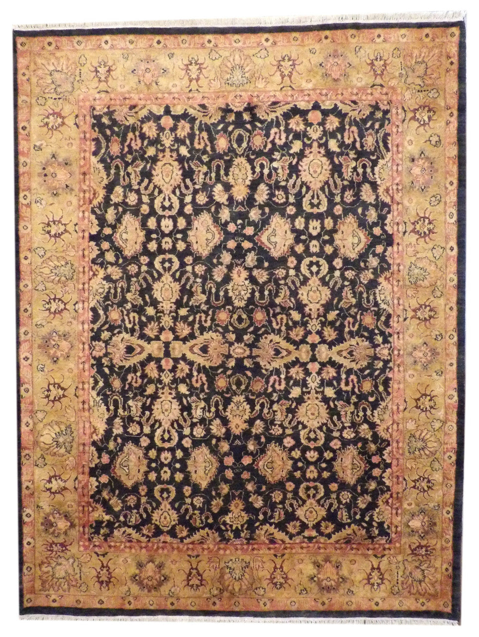 Fine Jaipur Kashan thick pile hand-knotted wool rug in black and gold, full view