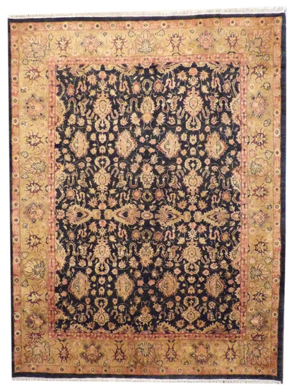 Fine Jaipur Kashan thick pile hand-knotted wool rug in black and gold, full view