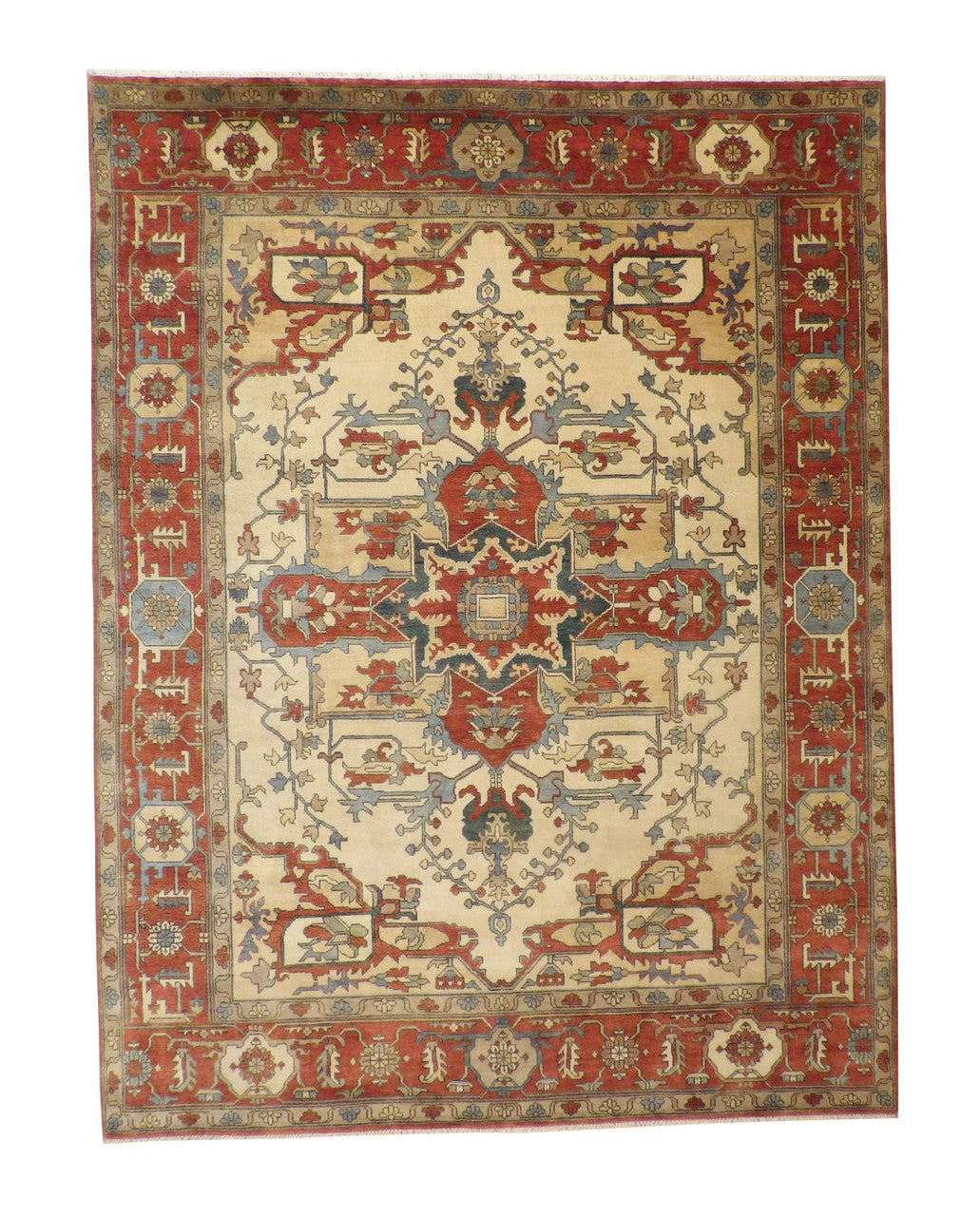 Tribal Heriz hand-knotted wool rug in Beige & Rust, full view