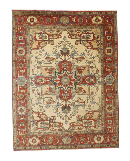 Tribal Heriz hand-knotted wool rug in Beige & Rust, full view