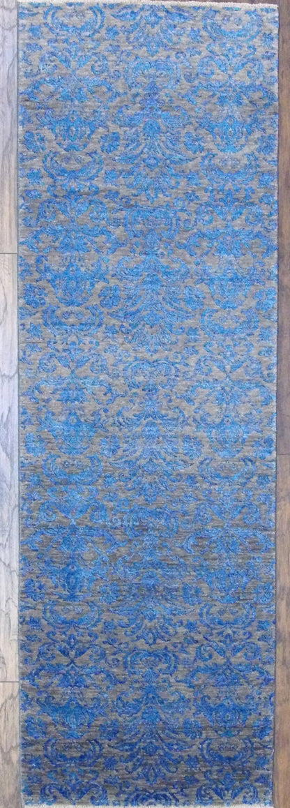 Transitional damask hand-knotted wool-silk runner in blue and gray, full view