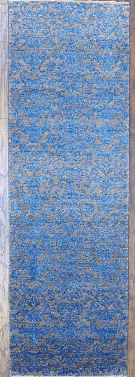 Transitional damask hand-knotted wool-silk runner in blue and gray, full view