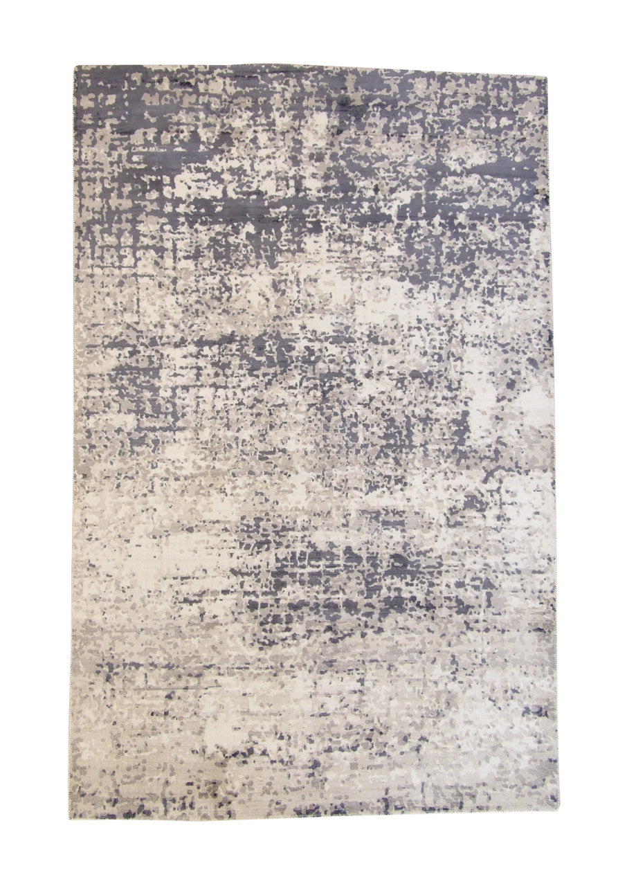 Modern Abstract Design hand-knotted silk rug in Gray & White, full view