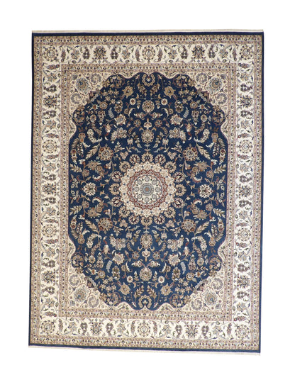 Traditional Fine Qum hand-knotted wool rug in Blue & Beige, full view