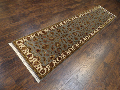 Kashan medallion pattern detail, beige and blue wool-silk runner