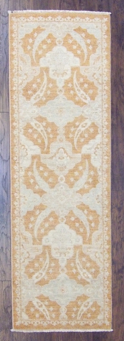 Oushak Chobie hand-knotted wool runner in beige and rust, full view