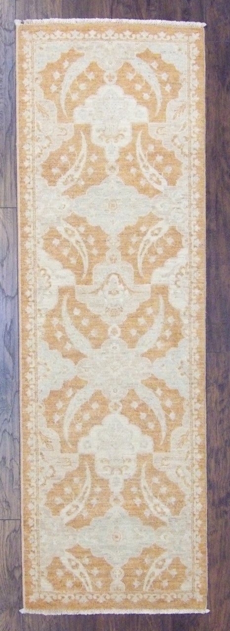Oushak Chobie hand-knotted wool runner in beige and rust, full view