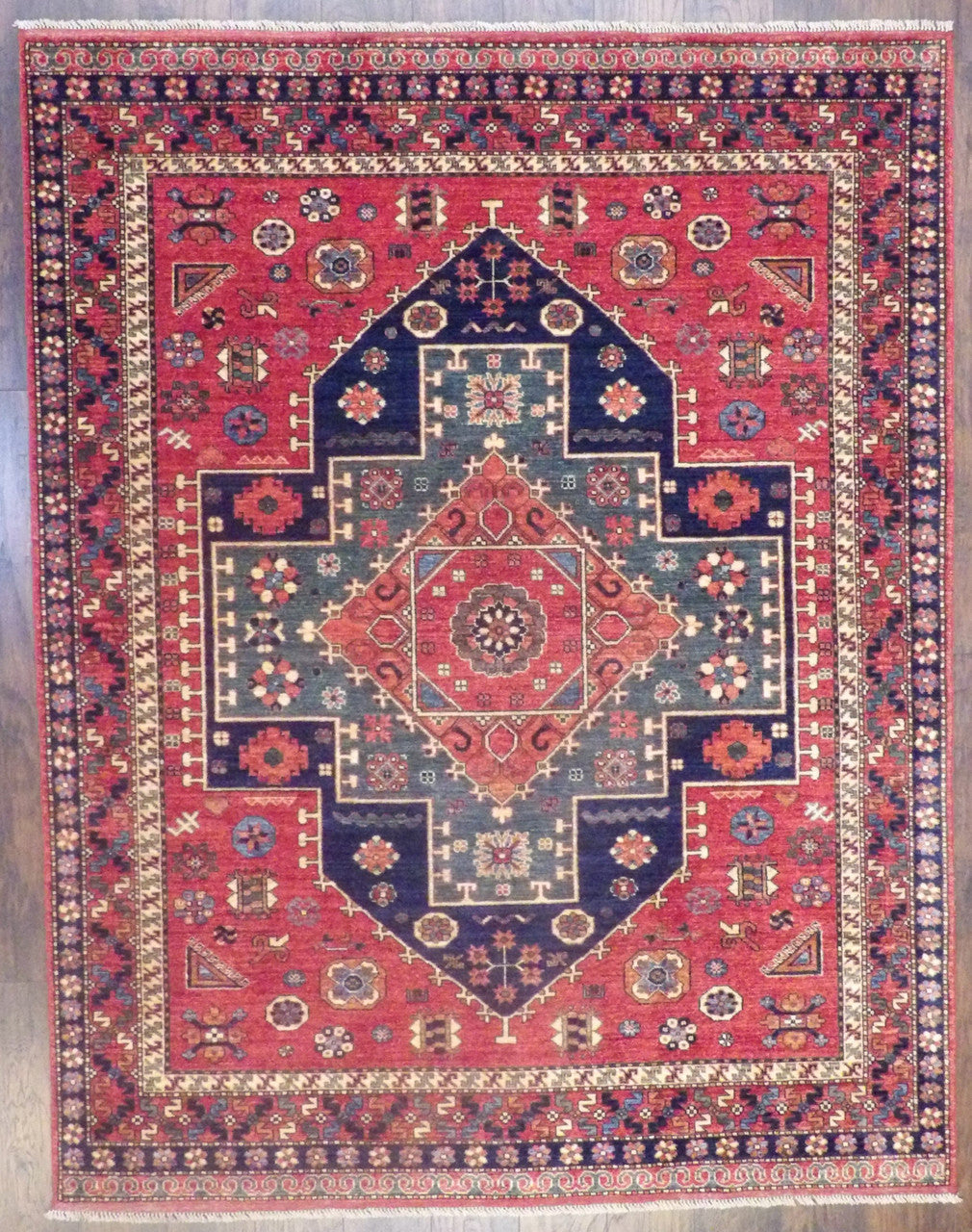 Tribal Khorjan Natural Dye hand-knotted wool rug in Blue & Red, full view