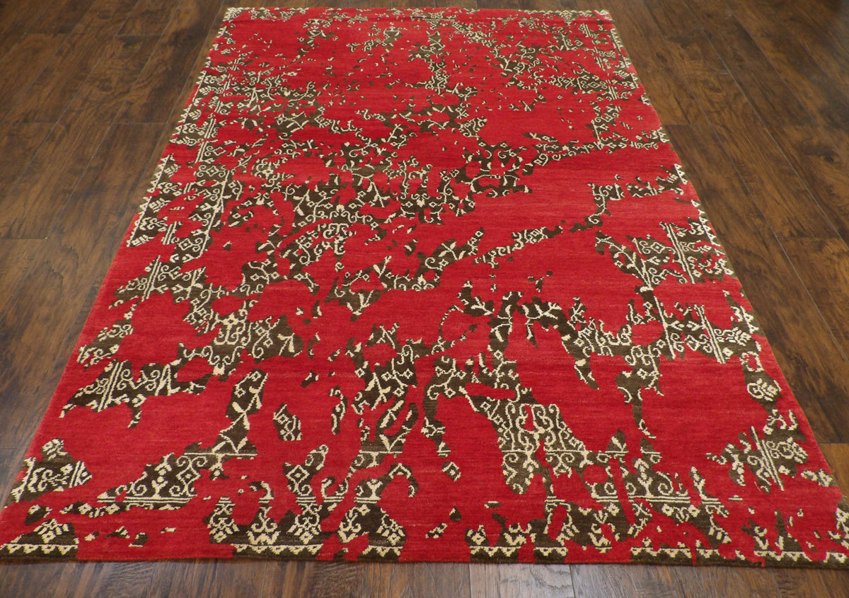 Close-up of wool pile, brown and red rug